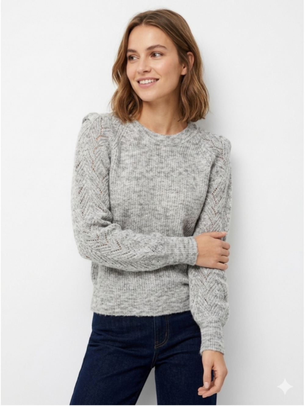 Heartloom Heathered Gray Cable-Sleeve Crew Sweater Small 436 comfort soft work